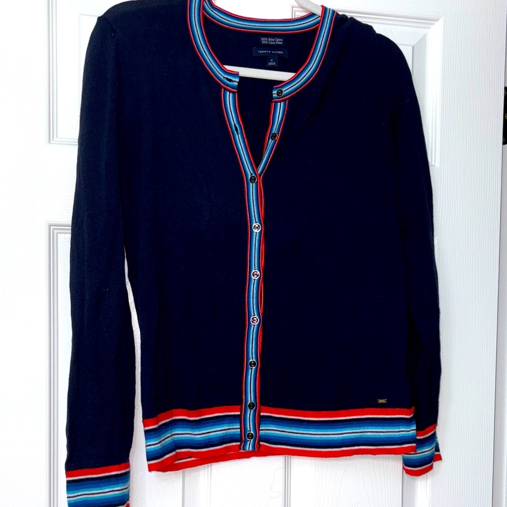Tommy Hilfiger Blue Cardigan with Colorful Stripes